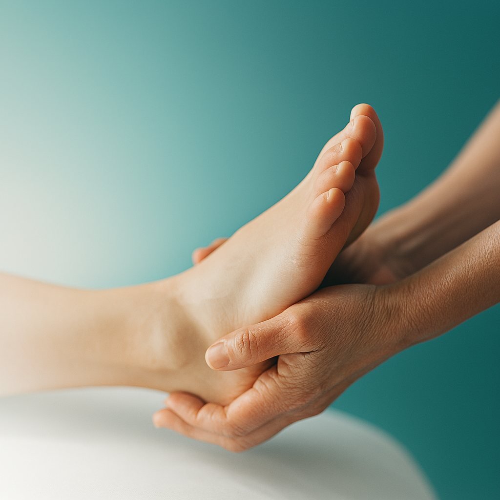 A practitioner gently holding a client's foot during treatment