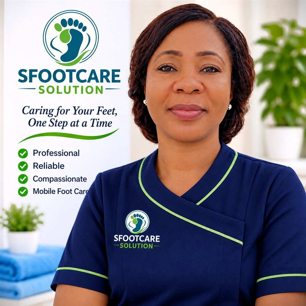 Oben in her navy Sfootcare Solution uniform beside the Sfootcare Solution logo: professional, reliable, compassionate mobile foot care
